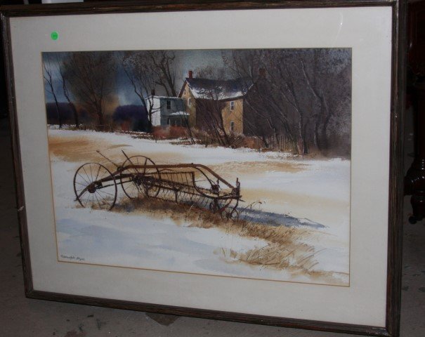 Ranulph Bye; American Watercolor Painting Signed: Watercolor on paper, Winter Hayfield signed l.l.; 21in. X 29in.(image size). Golden Door Gallery New Hope, PA label on reverse
