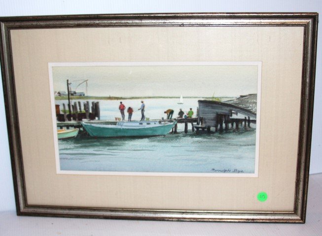 Ranulph Bye; American Watercolor Painting Signed: Watercolor on paper, Fishing from the Wharf - Greenport, NY signed l.r. Label on reverse. August 1973; 8in. X 14.5in. (image size)