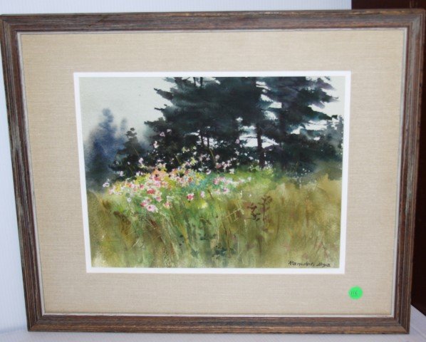 Ranulph Bye; American Watercolor Painting Signed: Watercolor on paper, Field of Flowers signed l.r. 10.25in. X 13.25in. Label on reverse