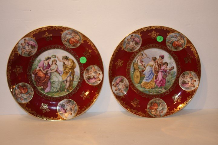 Pair of Bavarian Porcelain Plates: Pair of hand painted portrait plates. Marked at underside; 9.5in. D.
