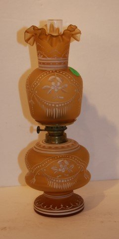 Florentine Cameo Glass Oil Lamp: Enameled cameo glass oil lamp; 10.5in. H. x 3.5in. W.