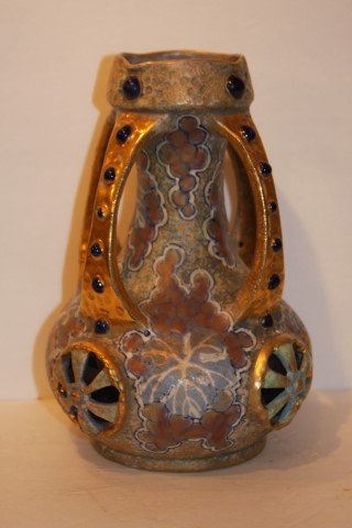 Amphora Pottery Vase: Three(3) handled Art Nouveau pottery vase. Marked at underside; 9.5in. H. x 6.5in. W,.