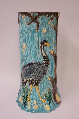 Minton Pottery Umbrella Stand: Hand painted and glazed pottery umbrella stand. Depicting cranes in a woodland setting in high relief. Having an unidentifiable mark at the underside. Possibly George Jones for Minton; 22.5in. H. x 12