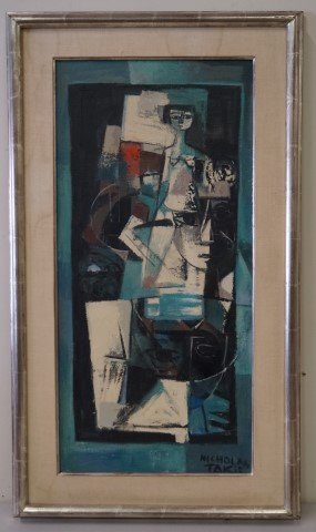 Nicholas Takis; 20th C. American Oil Painting Signed: Oil on canvas, Abstract Composition signed l.r.; 30in. X 15in.