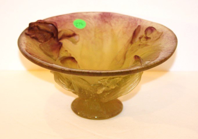 Daum Nancy Pat Sur Pat Glass Bowl: Pat sur Pat pedestaled glass bowl. Raised iris decoration. Signed; 4.25in. H. x 8.75in. D.