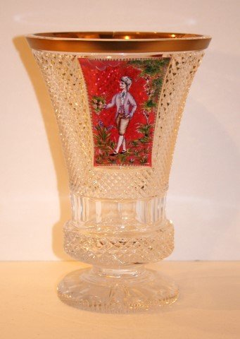 Bohemian Enameled Cut Glass Vase: Cut glass pedestal vase. Enameled panel with figure; 9.5in. H. x 6.5in. W.