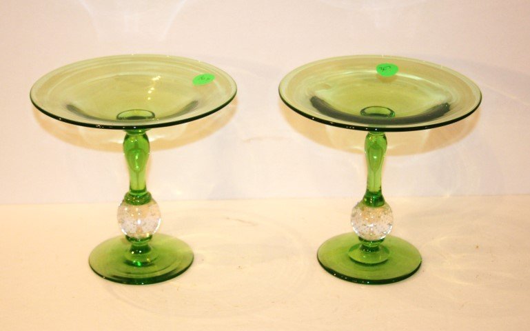 Pair of Pairpoint Glass Compotes: Green glass compotes with controlled bubble inserts; 6.25in. H. x 6.5in. W.