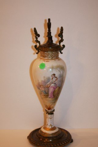 Sevres Porcelain Garniture: Hand painted porcelain garniture. Bronze mounted. Artist signed, F. Peroches; 12.5in. H. x 5.25in. W.