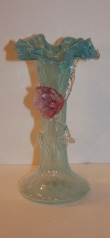 Stevens and Williams Glass Vase: Blue glass vase. Quilted opalescence. Applied glass flowers; 6.75in. H. x 3in.