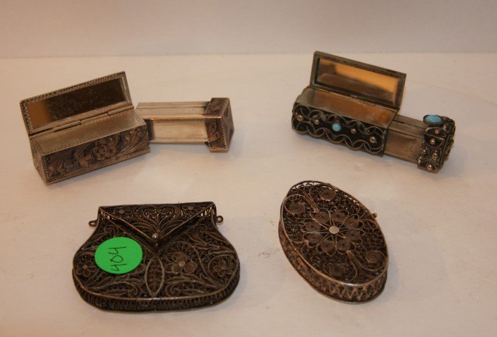 Four(4) Miscellaneous Silver Items: Two(2) filigreed silver boxes; two(2) silver lipstick compacts with hardstone inlay; 2in. -2.5in. H.
