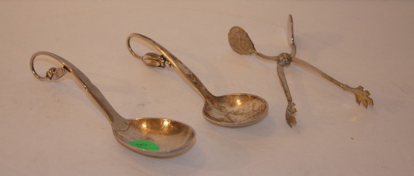 Three(3) George Jensen Sterling Silver Items: Spoons(2), Sugar tongs(1); 4.25in. - 5.25in. H.
