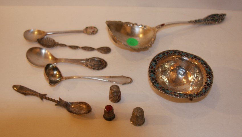 Ten(10) Miscellaneous Silver Items: Thimbles, spoons, enameled nut dish; 1in. -9in.