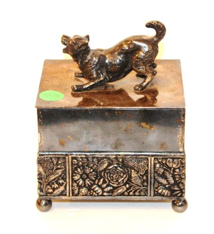 Pairpoint Silverplate Cigarette Box: Mounted with a terrier and floral banded border. Marked Pairpoint and numbered 2752; 5.5in. H. x 4.5in. W. x 3.75in. D.