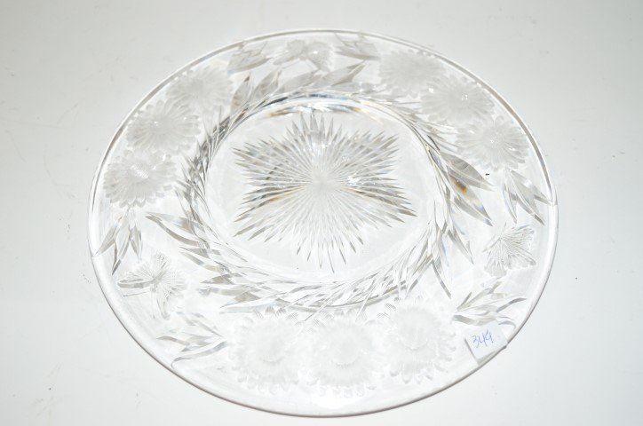 Pairpoint etched glass cheese plate: Etched glass plate. Floral design; 12in. D.