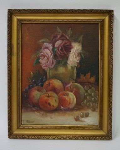P. Fitzsimmons; Oil Painting Signed: Oil on canvas, Still Life - Flowers and Fruit signed l.l.; 16in. X 12in.