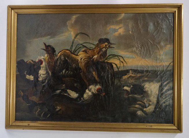 Continental School; Oil Painting: Oil on canvas, Barnyard Scene with Dog and Poultry. Marked at reverse with export stamp. Madrid; 28in. X 39.5in.