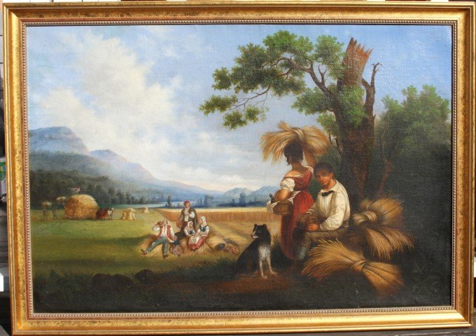 19th C. Continental School; Oil Painting: Oil on canvas, Farmers Drinking in a Field; 26in. X 38in.
