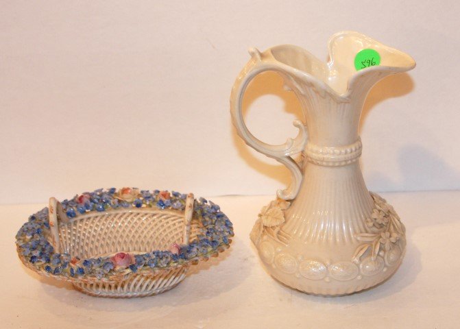 Two(2) American Belleek Porcelain Pieces: fine reticulated basket with floral decoration, 6in. H.; porcelain ewer with applied floral decoration, 7in. H.