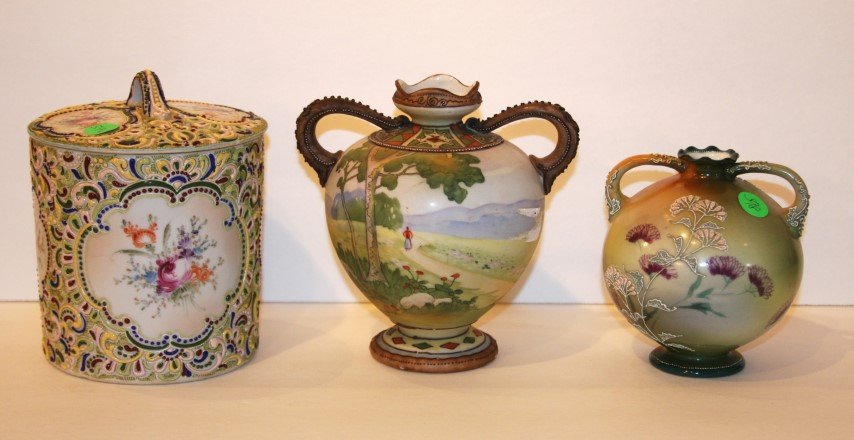Three(3) Miscellaneous Porcelain Pieces: Two(2) Nippon bulbous porcelain vases. Enameled porcelain convered bisquit jar; 5in. H. -6in. H.