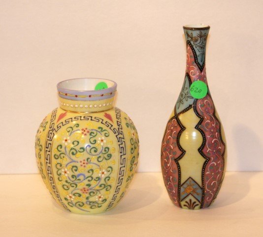 Two(2) Webb Pettypoint Glass Vases: Enameled decoration; 5.5in. -8in. H.