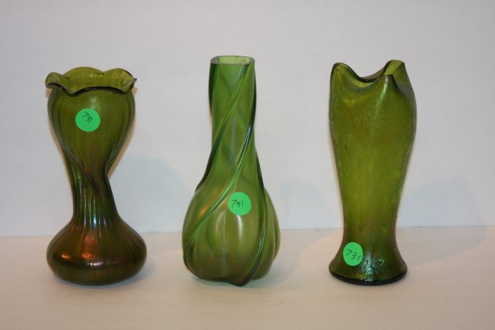 Three(3) Austrian Art Glass Vases: Three(3) Loetz style art glass vase; 6.5in. - 7.25in. H.