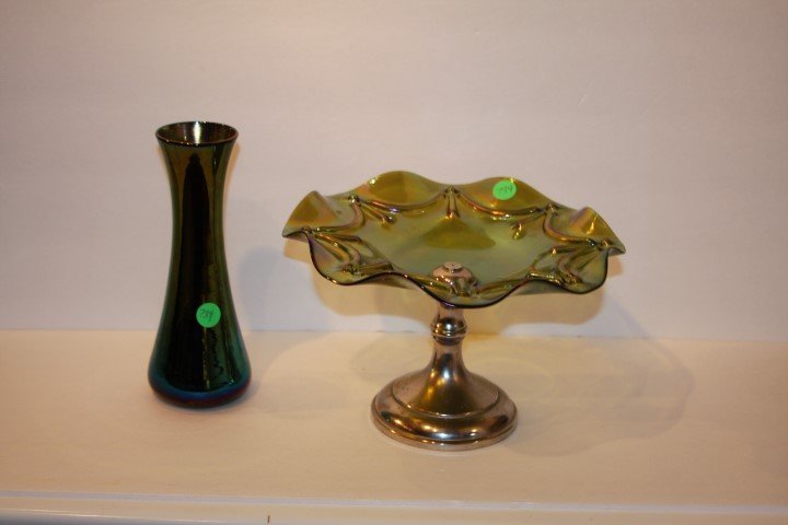 Carnival Glass Compote: Glass and silverplate and irredescent glass vase; 6.25in. - 8.5in. H.