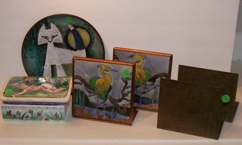 Four(4) Mid Century Modern Items: Two(2) pair of brass bookends , one(1) withapinted bird tile inserts; hand painted porcelain covered box; inscised and painted porcealin dish; various sizes