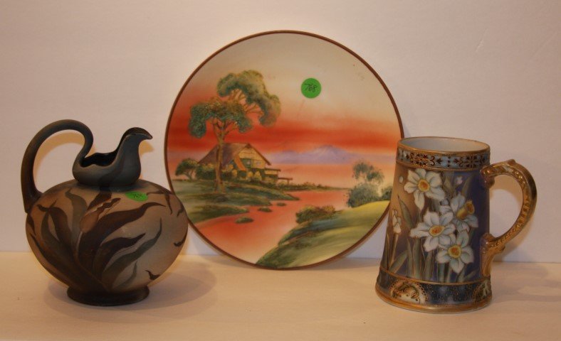 Three(5) Nippon Porcelain Pieces: Pitcher, Mug and plate; 5in. H., 5.5in. H., 9in. D.