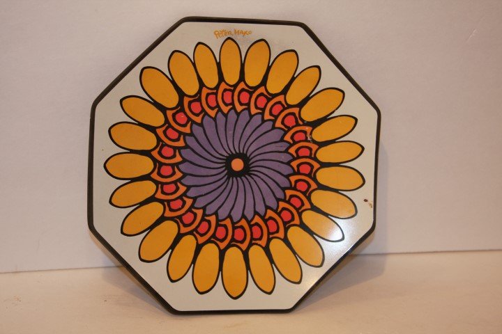 Peter Max Decorated Glass Dish: Silkscreened floral decorated octagonal glass dish. Signed; 10in. D.