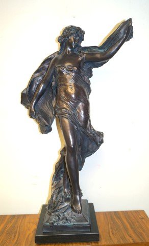 Eugene Marioton; French Painted Plaster Signed: Painted plaster. Young Maiden signed and inscribed. Wood base; 31in. H. (with base)