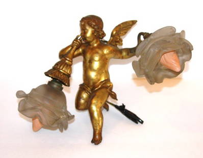 French Bronze Winged Cherub Fixture: Dore bronze hanging fixture. Two(2) light with Glass petal shades; 10in. H. x 12in. W.