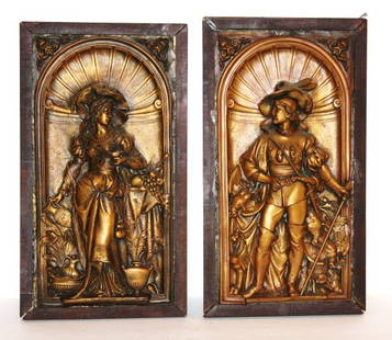 Pair of 19th C. Victorian Bronzed Relief Plaques: Pair of bronzed metal high relief figual plaques. Depicting an elegantly dressed lady and a hunter. Marked Registr Gust. Grohe; 12.5in. H. x 7in. W.