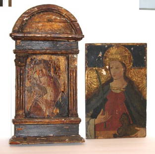 Two(2) Early Russian Painted Wood Icons: Painted and gilt decoration. Both needing restoration; 15in. H. x 10in. W. - 20.5in. H. X 11in. W.