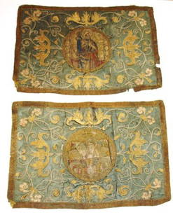 Two(2) 17th C. Embroidered Panels: Intricately embroidered silk panels depicting central figures; 16in. H. x 22.5in.