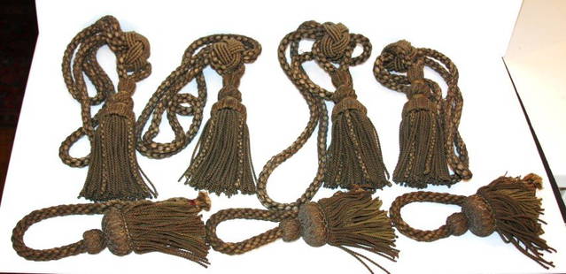 Seven(7) Early Braided Silk Drapery Ties: Victorian braided silk tasseled drapery ties; 12in. (overall length)