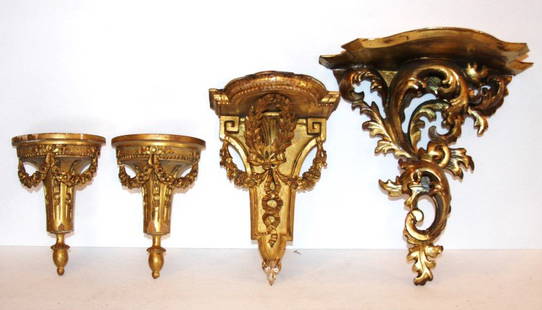 Four(4) Gilt Wood Bracket Shelves: Ornate gilt and gessoed wood wall brackets; 6.5in. H. - 10.5in. H.