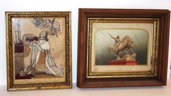 Two(2) Early Framed Items: Early embroidered tapestry panel: St. Louis, Roi De France; Framed colored engraving; each 8in. X 10in.