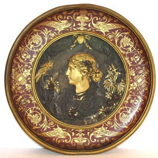 Victorian Renaissance Bronze Portrait Plaque: Finely repoussed bronze portriat plaque. Deocrated with woman, parrot, urn, flowers and sword; 12.5in. D.