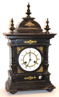 Victorian Ebonized Wood Bracket Clock: J. Unghan's movement. Original key and pendulum; 21in. H. x 12in. W. x 6.5in. D.