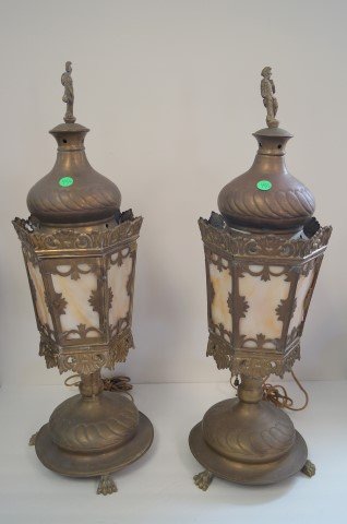 Pair of Brass and Slag Glass Torchere Lamps (1 of 5)