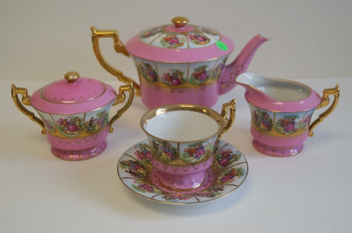 Five(5) Piece Ornate Pink Porcelain Tea Set (1 of 4)