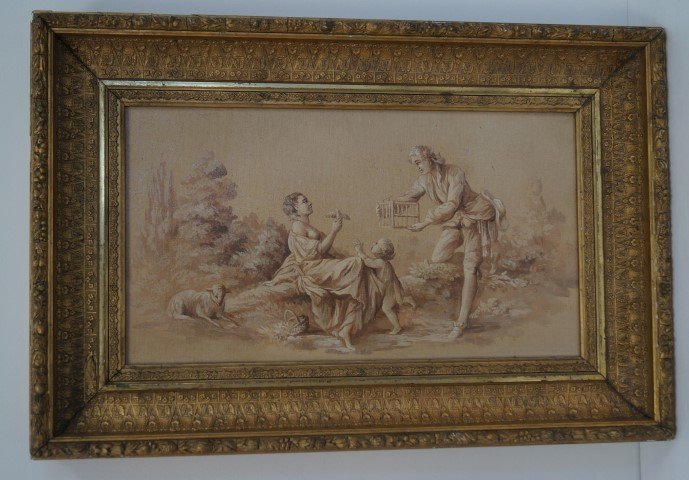 19th C. French Romantic Oil Painting: Oil on canvas mounted on board, The New Pet; 10.25in. X 18.25in.