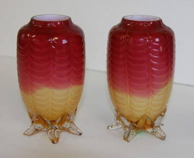 Pair of Victorian Cased Glass Vases: Phoenix cased Lincoln draped glass vases(chips to feet); 5.75in.H. x 3in.W.