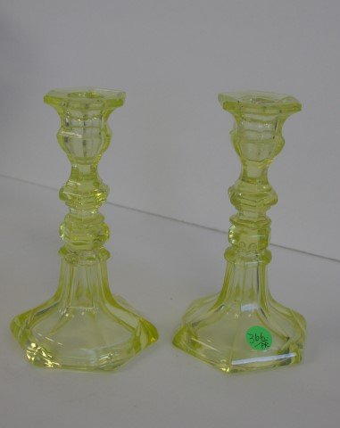 Pair of Sandwich Vaseline Glass Candlesticks (1 of 4)