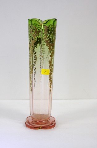 3-color Moser vase, green, clear to red, gold decorated: green, clear to pink, cylindrical, size 10" height, 3" base; condition, good, small nick on top rim 7 base