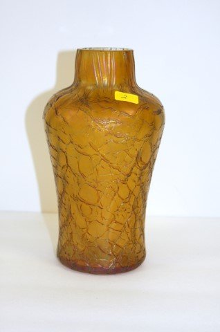 amber Loetz crackle glass vase: amber iridecscent, 8 1/2" height, 3 1/4" base; condition: good, flea bite on rim