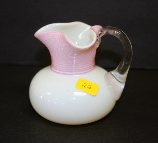 quality small art glass pitcher, ivory color spun pink (1 of 5)