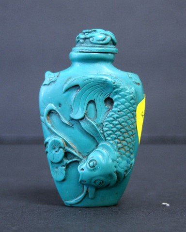 green jade oriental Snuff Bottle, embosseed fish (1 of 4)