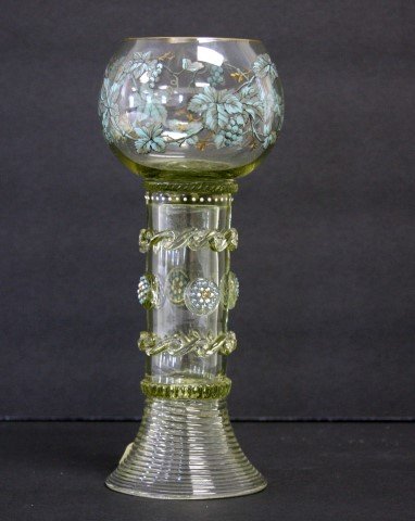 Moser glass chalice with applied decoration, enamel: size: 8 1/2" height, 3 1/2" wide; condition: very good