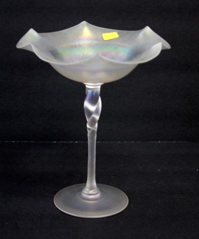 Steuben Verre de Soie Glass Compote.: White iridescent glass compote. Twist stem. size: 8 1/4" height, 7" wide; condition: very good